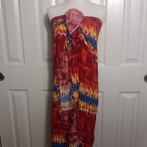Tie-Dye Red, Yellow, & Blue Women’s Swim Sarong With Tassels